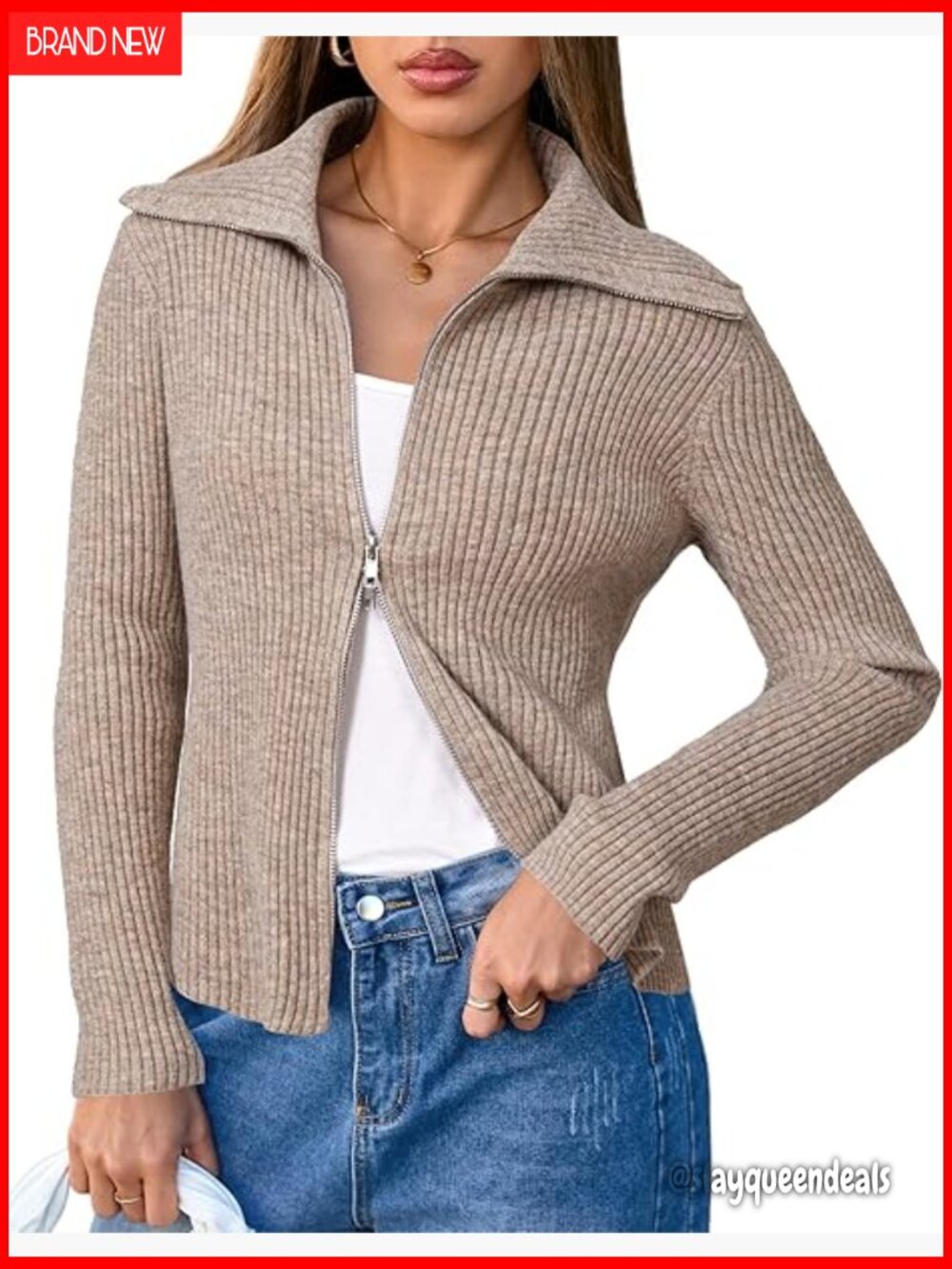 Wool Blend Zip Up Cardigan Two Way Zipper Lapel V Neck Long Sleeve